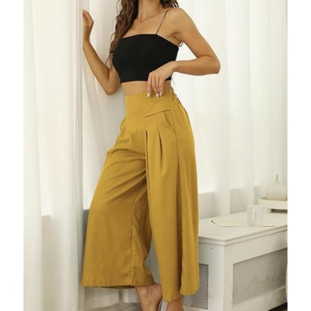 Yellow High Waisted Wide Leg Pleated Culotte Trousers Ankle Pants Size M